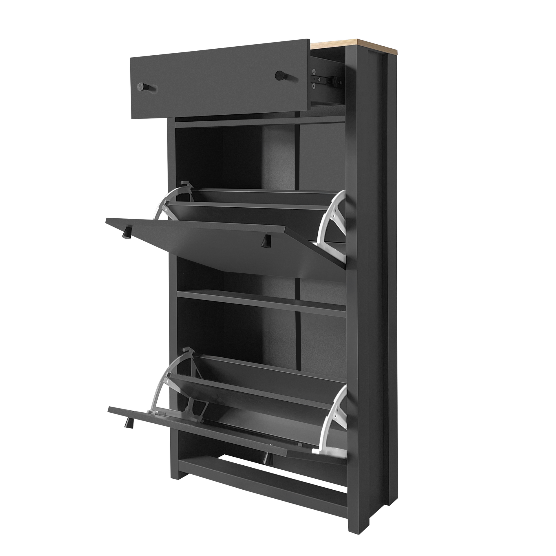 ONTREND functional with 2 flipped drawers, top shoe cabinet with adjustable panel, independent shoe rack, gray