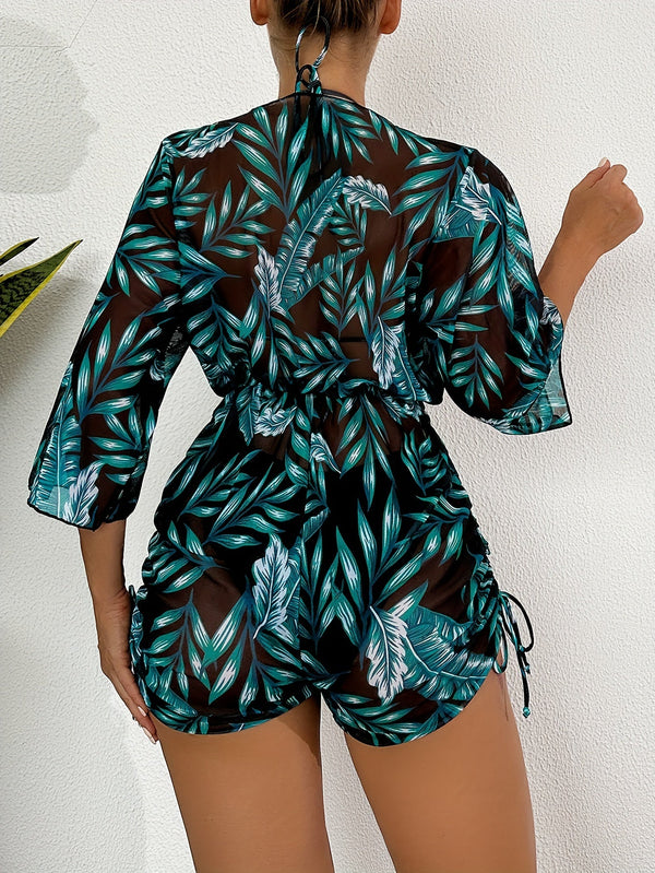 Island Bloom 3-Piece Bikini Set for Women – Tropical Leaf Print Fluttering Swimwear with Flattering Halter Neck Top High Waist Bottoms & Adjustable Drawstring Cover Up – Perfect for Koningsdag Celebrations & Summer Adventures