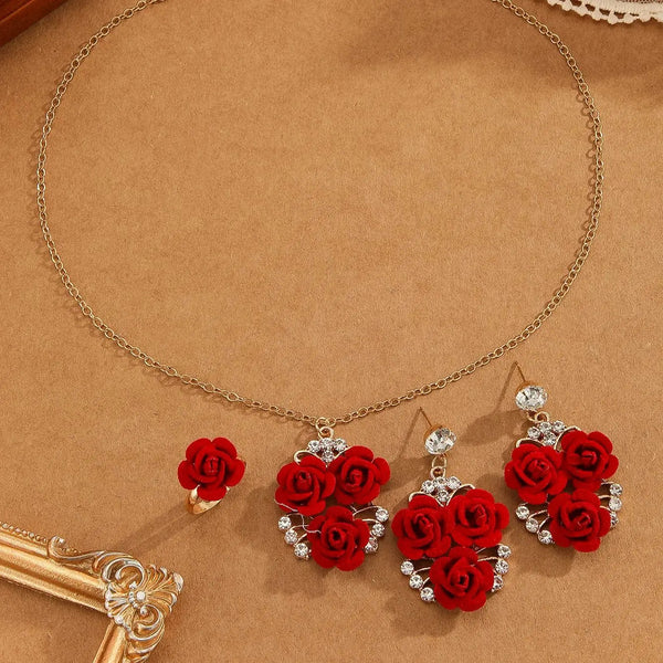 4pcs/Set Romantic Lovely Red Rose Flower Inlaid Rhinestone Pendant Necklaces+Dangle Earrings+Ring，For Women Valentine'S Day Gift