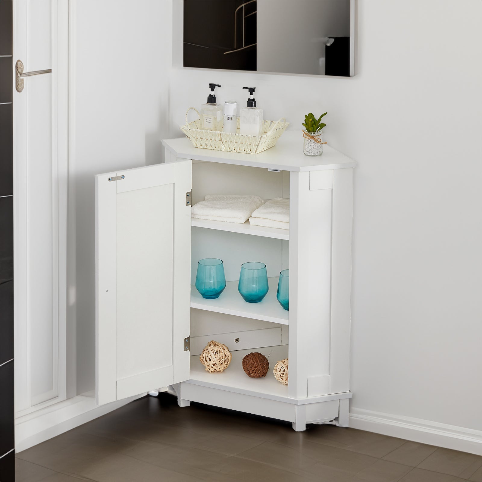 White Bathroom Cabinet Triangle Corner Storage Cabinet with Adjustable Shelf Modern Style MDF Board