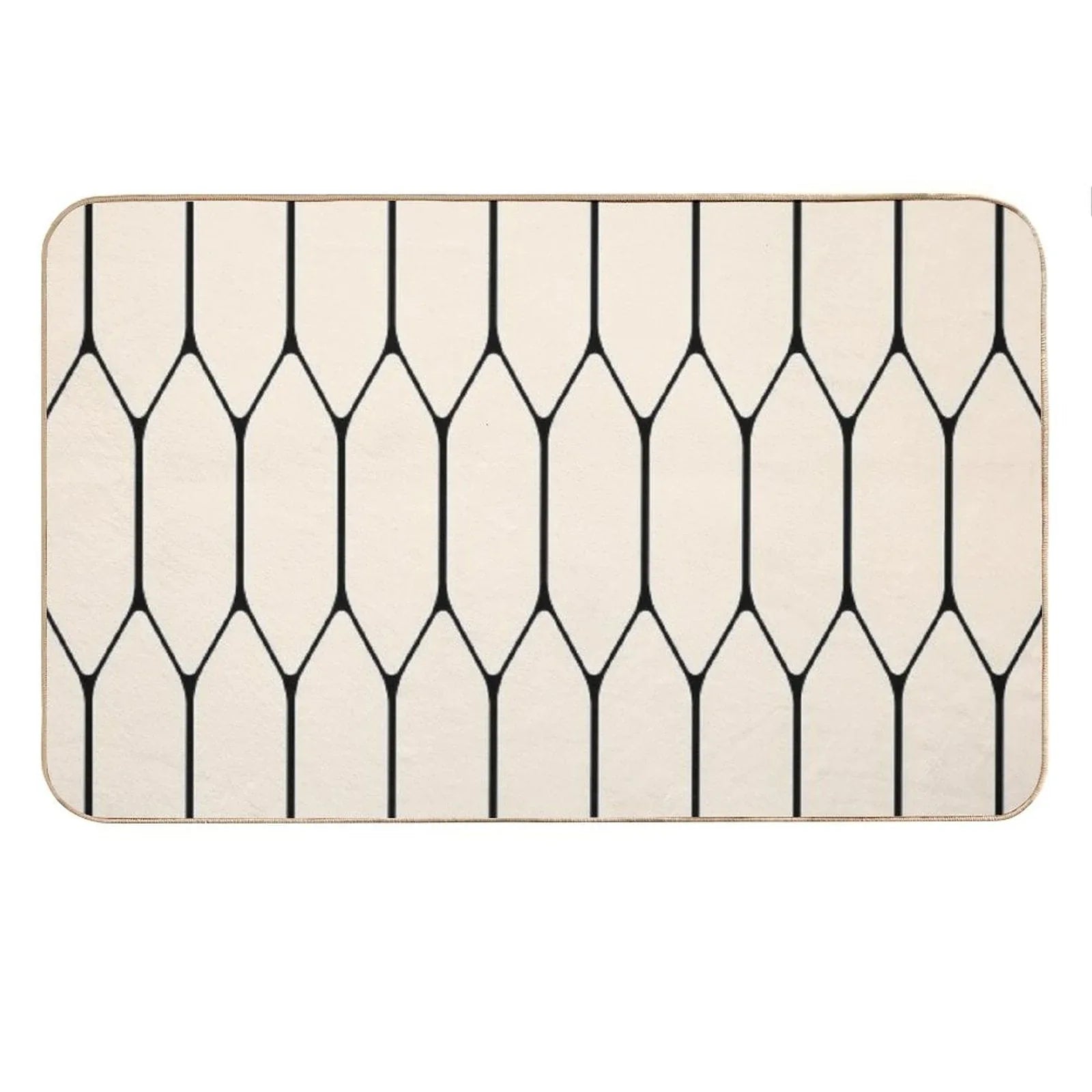 Long Honeycomb Minimalist Geometric Pattern in Black And Almond Cream Bath Mat