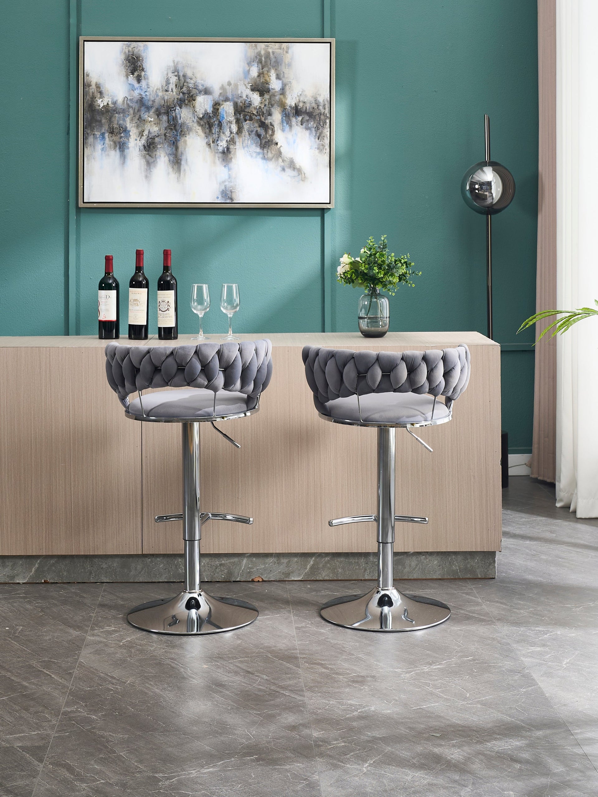 Set of 2 Bar Stools with Chrome Footrest & Base Swivel Height Adjustable Velvet