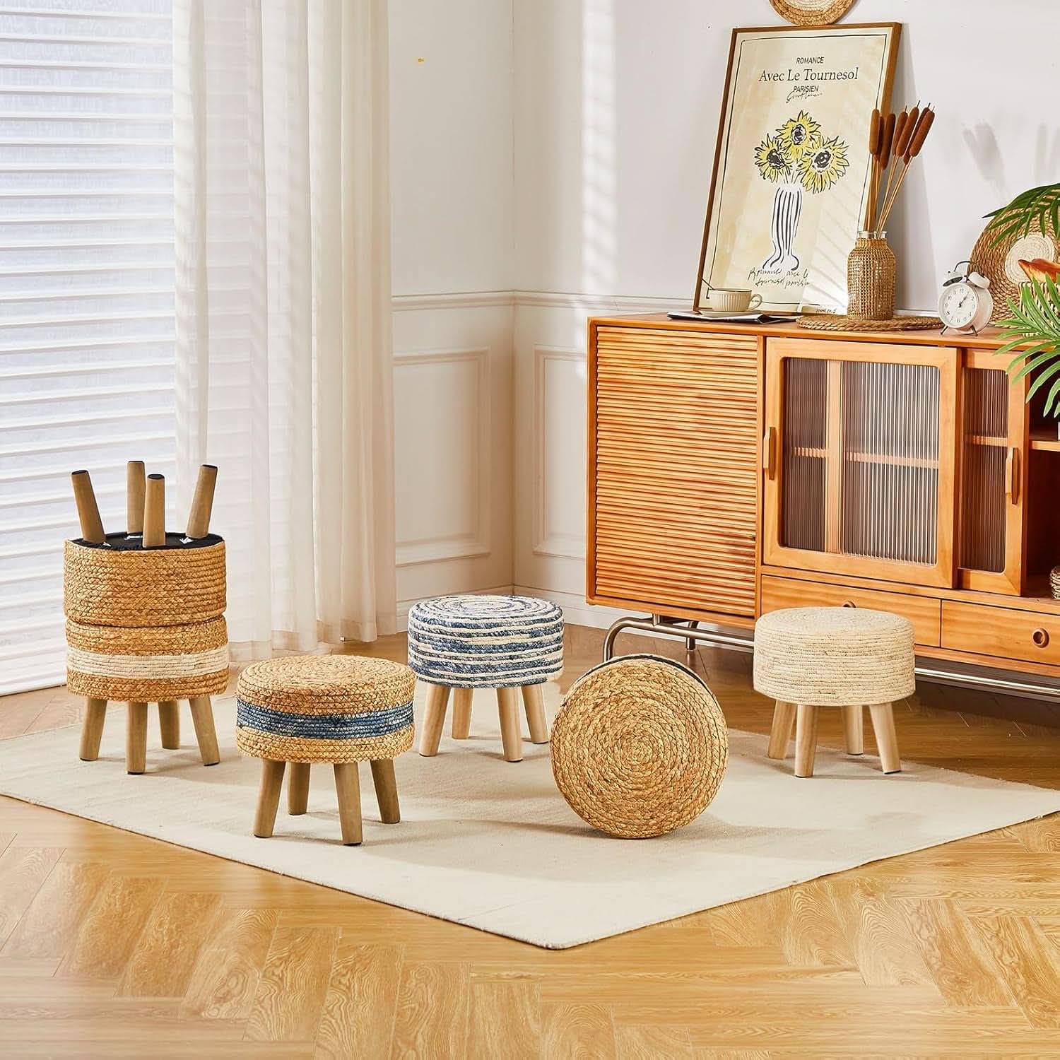 Round Seagrass Ottoman Footstool Handwoven Natural Blue