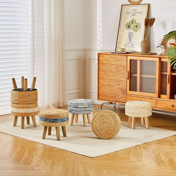 Round Seagrass Ottoman Footstool Handwoven Natural Blue