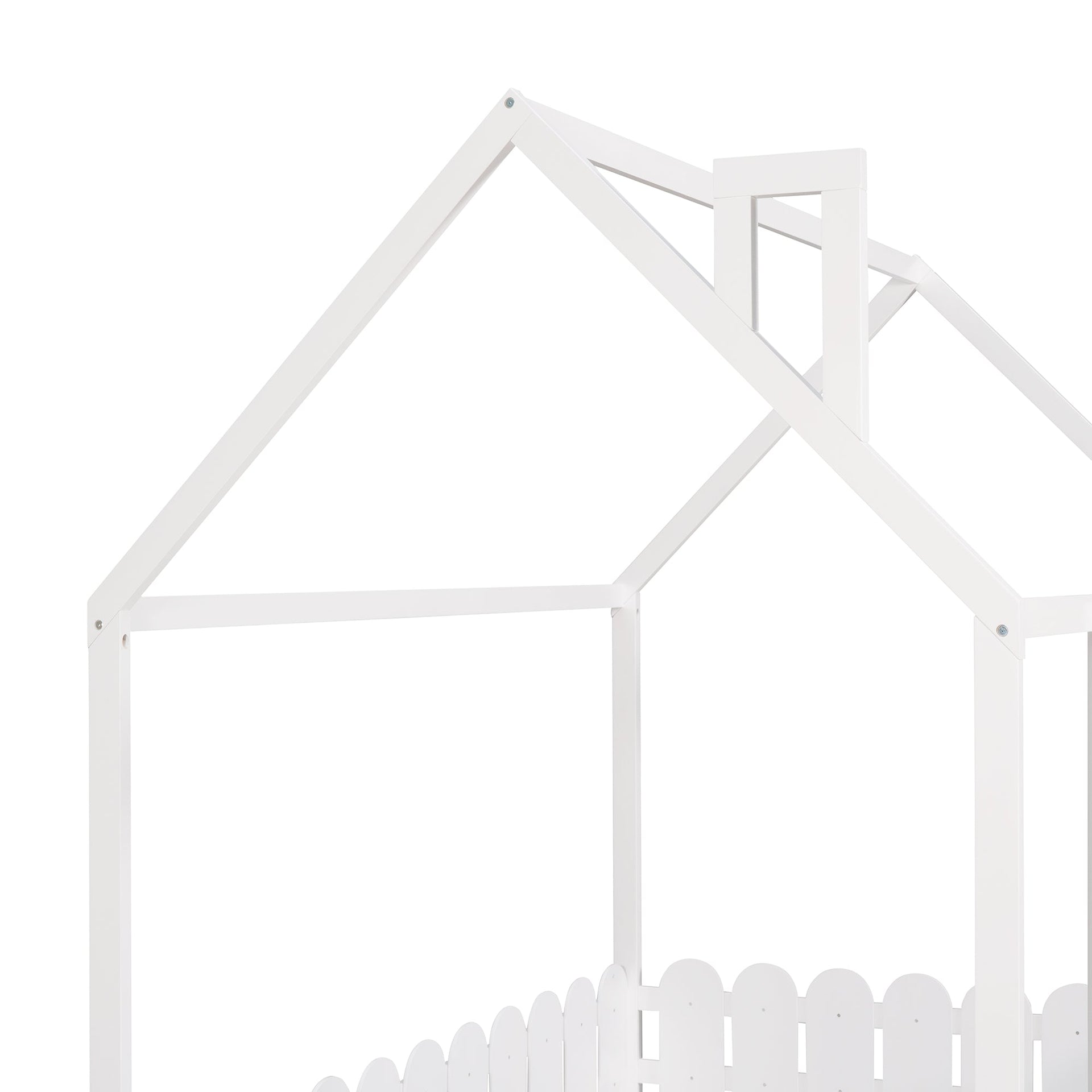 (Slats are not included) Full Size Wood Bed House Bed Frame with Fence for Kids Teens Girls Boys (White )