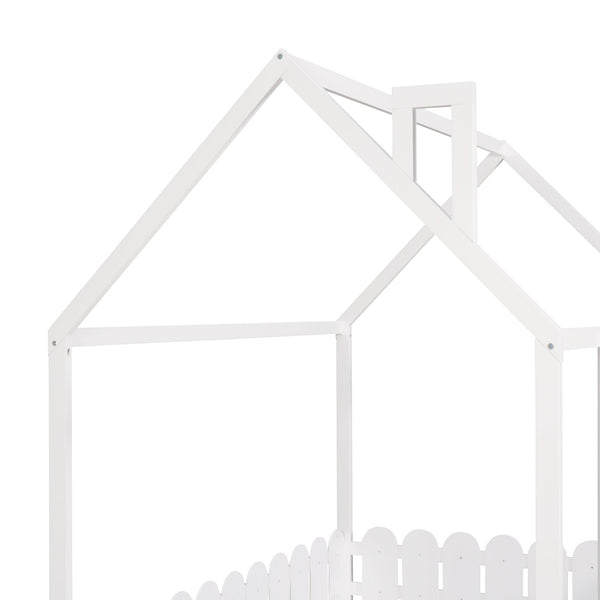 (Slats are not included) Full Size Wood Bed House Bed Frame with Fence for Kids Teens Girls Boys (White ) - Gifts for You 'n Me