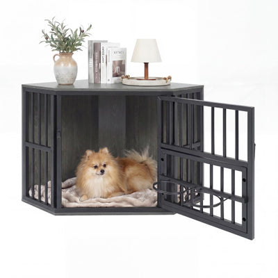 35.5 inches Wooden Dog Kennel End Table with 3-Position Dog Bowl Rack-Oak