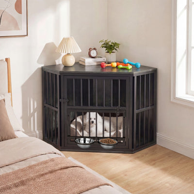 35.5 inches Wooden Dog Kennel End Table with 3-Position Dog Bowl Rack-Oak