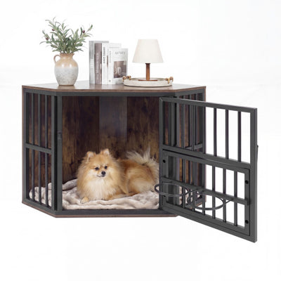 35.5 inches Wooden Dog Kennel End Table with 3-Position Dog Bowl Rack-Rustic Brown
