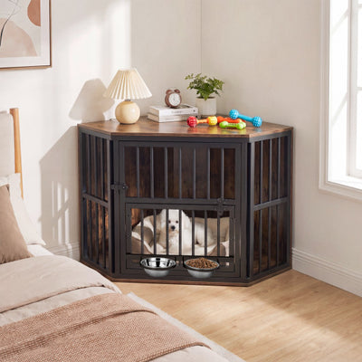 35.5 inches Wooden Dog Kennel End Table with 3-Position Dog Bowl Rack-Rustic Brown