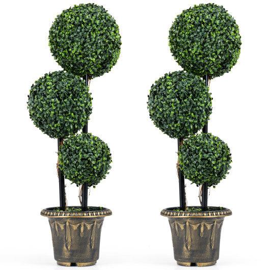 35 Inches Artificial Boxwood Topiary Tree Triple Ball Shrubs Set of 2