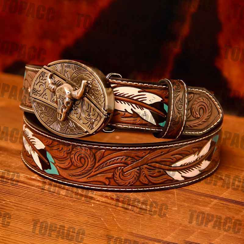 TOPACC Western Leather Feather Belt - Block Buckle