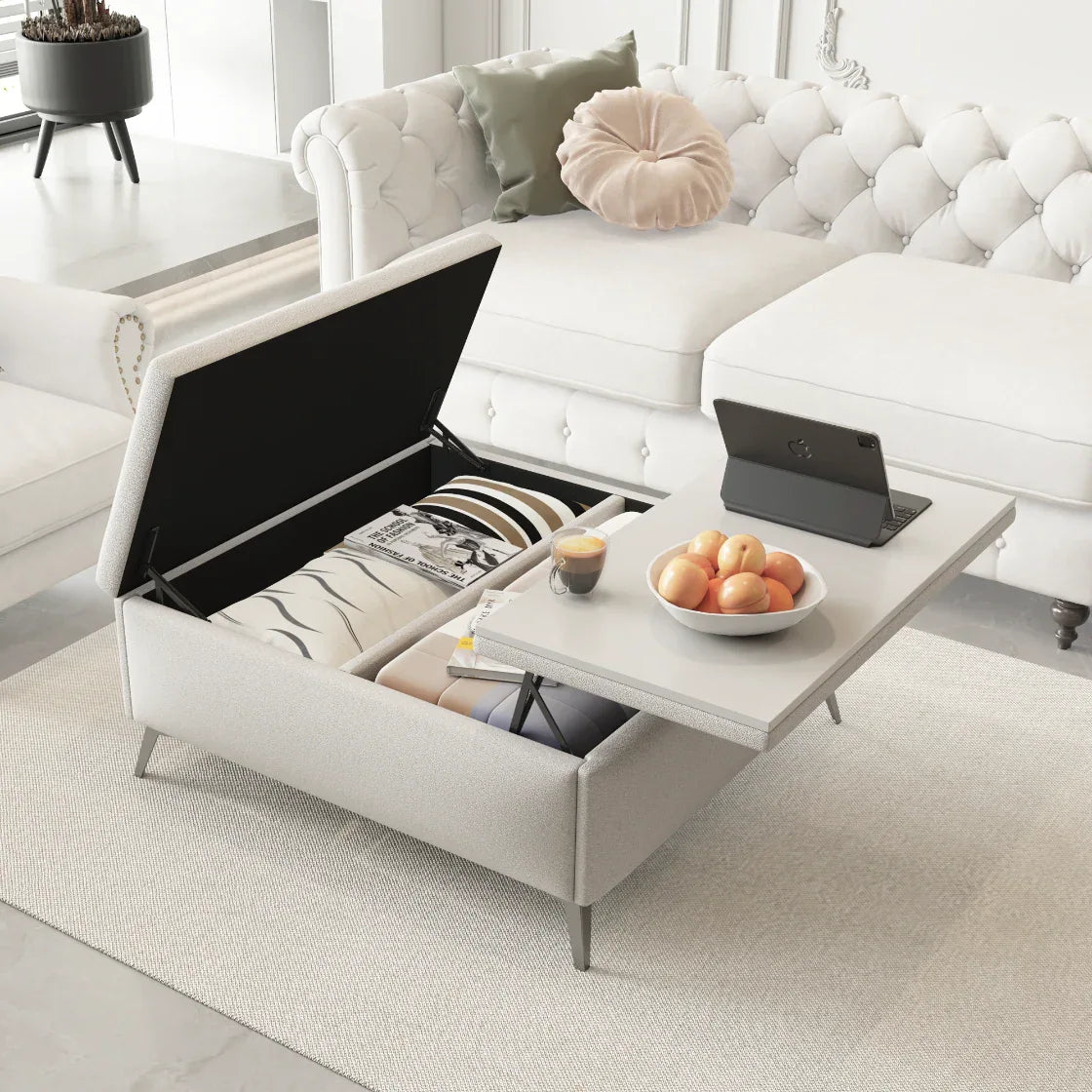 White storage coffee table with lift-top feature in a living room setting.