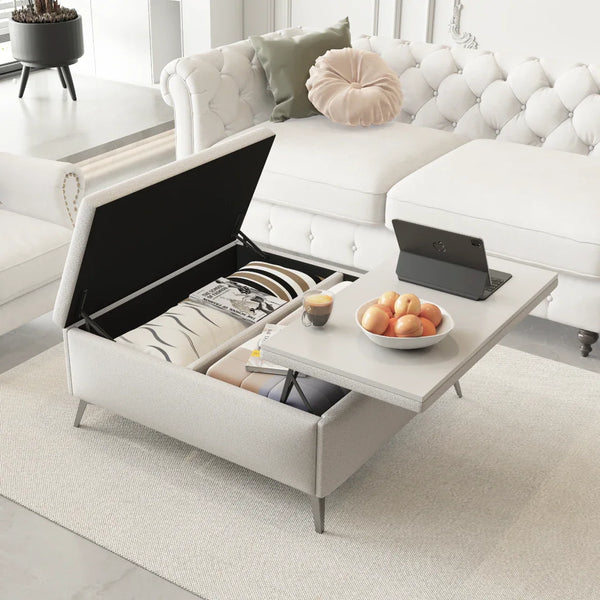 White storage coffee table with lift-top feature in a living room setting.
