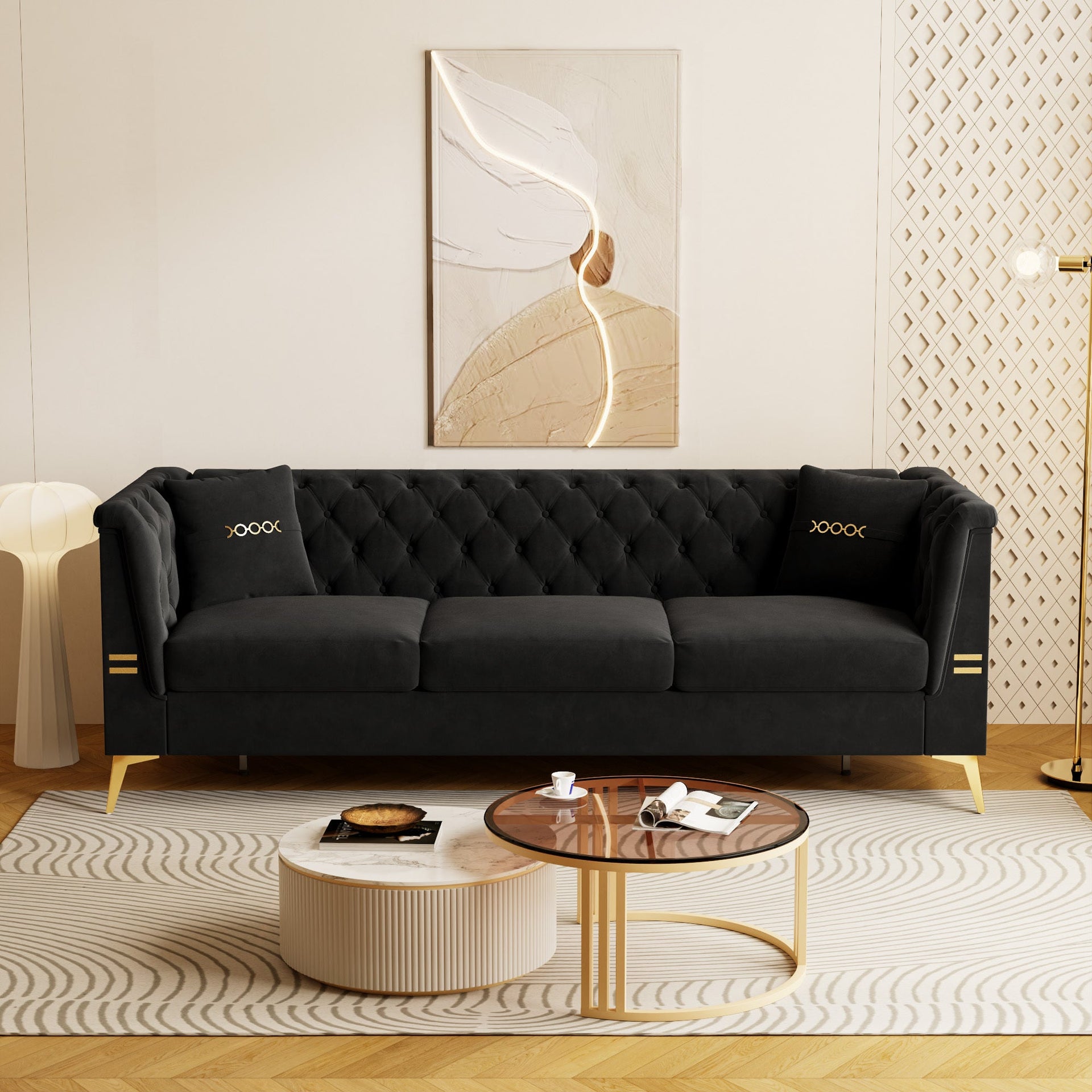 Black Velvet 3‑Seat Sofa
