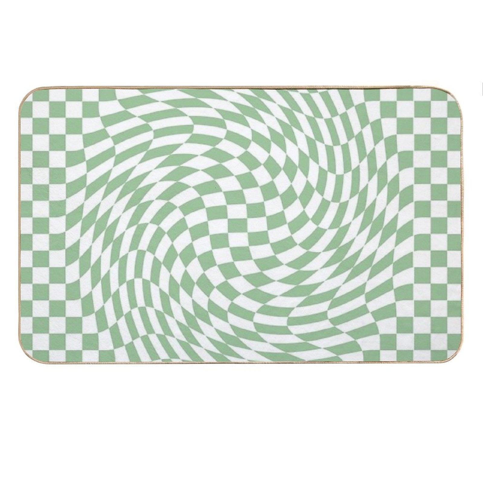 Sage Green And White Checker Warp Pattern Bath Mat