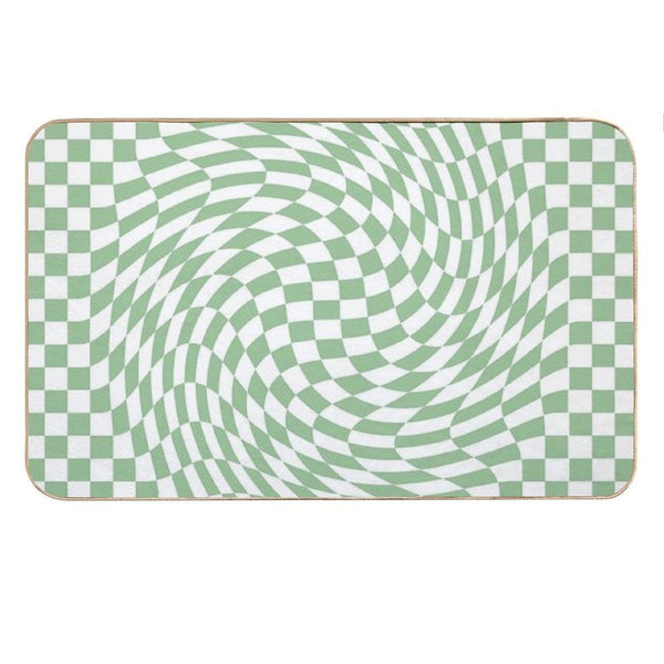 Sage Green And White Checker Warp Pattern Bath Mat
