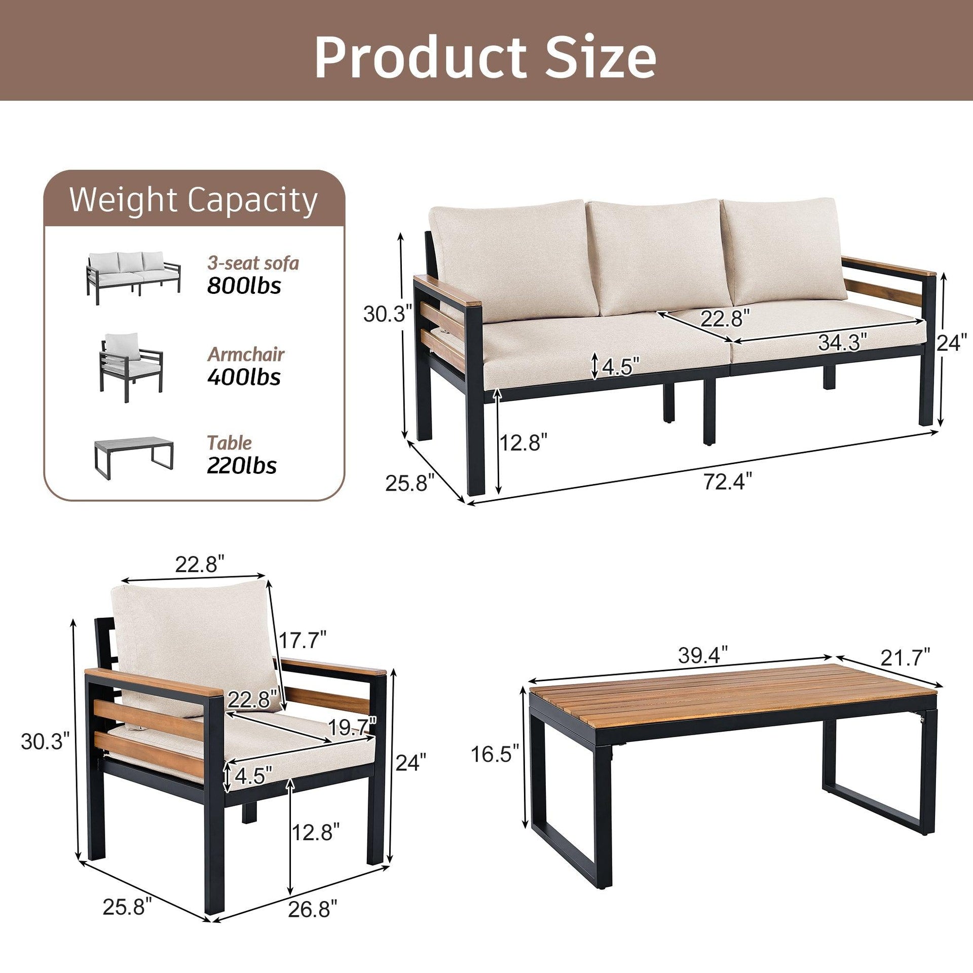 4-Piece Outdoor Furniture Sofa Set for 5 People with Acacia Wood Armrests