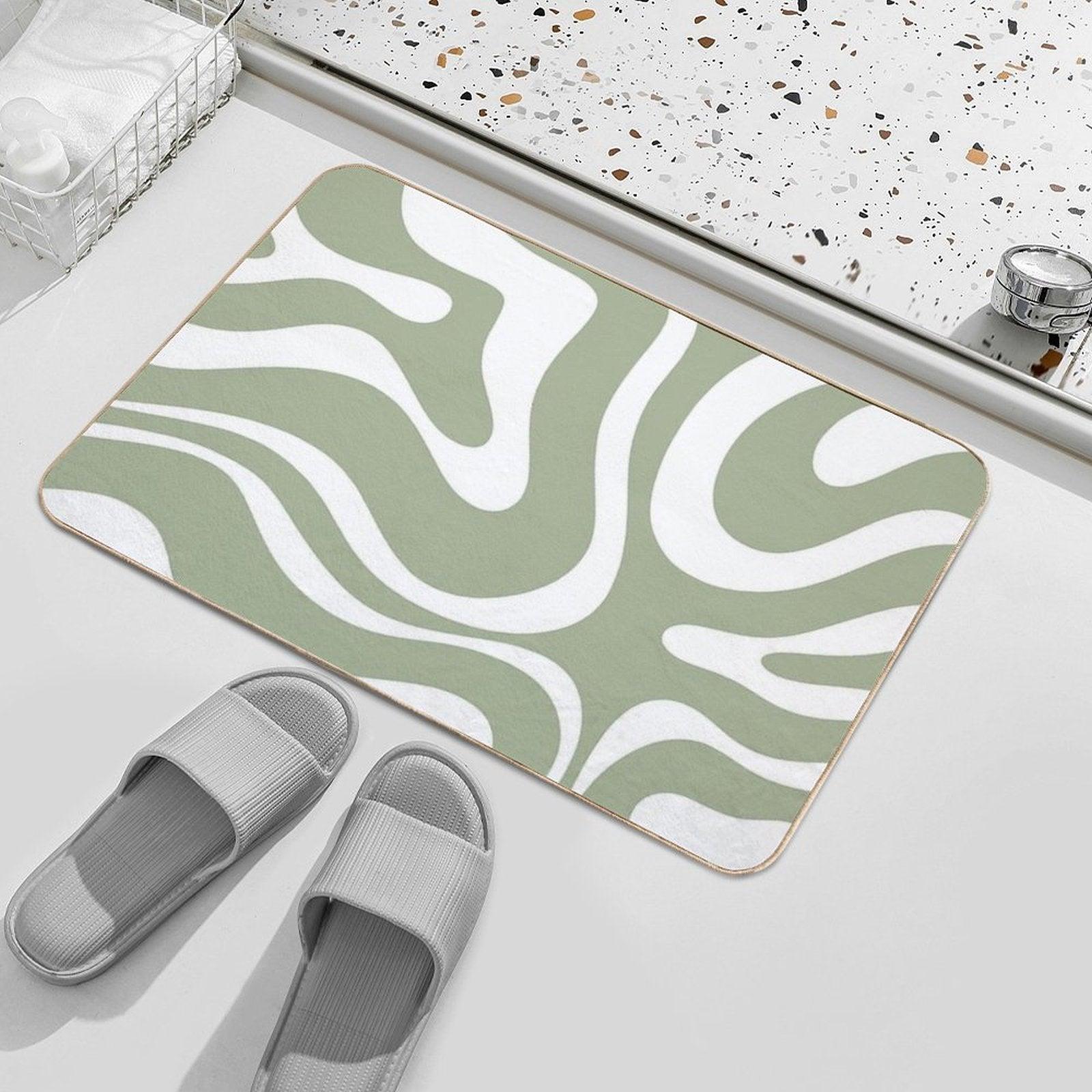 Retro Modern Liquid Swirl Abstract Pattern Square in Sage Green And White Bath Mat
