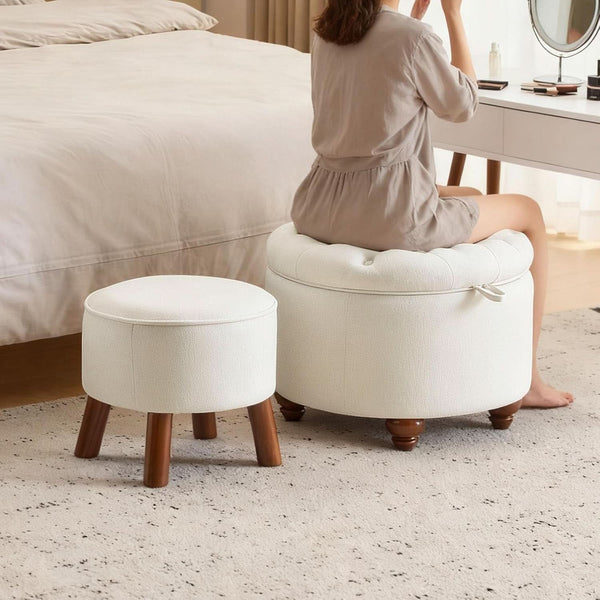 24 Inch Round Beige Storage Ottoman Removable TopWith Storage