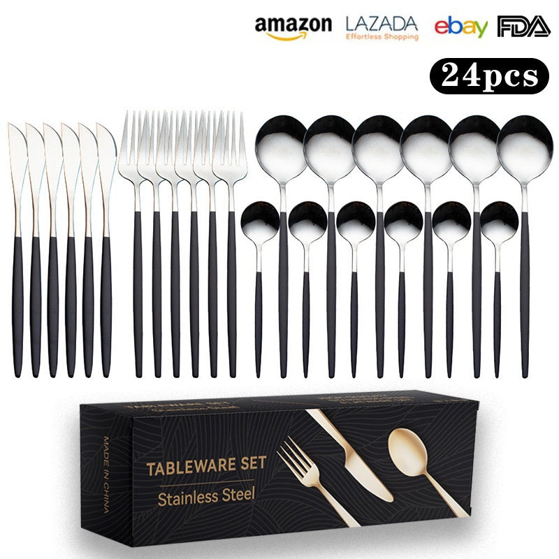 Cutlery Set Stainless Steel Knife Fork Set 24-Piece Tableware Set Golden Steak Knife Fork Spoon 6-Person Set