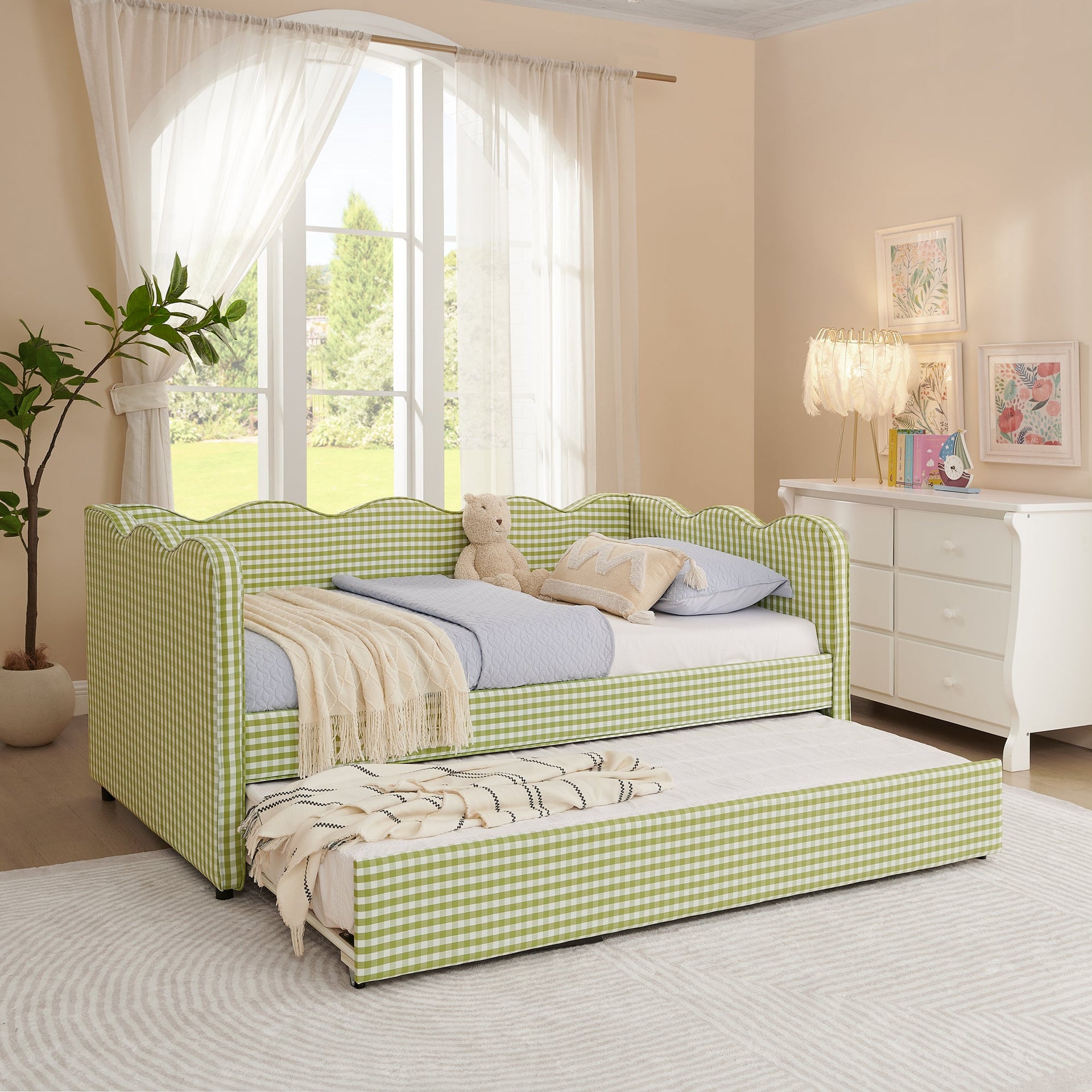 Cozy Gingham Daybed with Trundle - Twin Size Sofa Bed