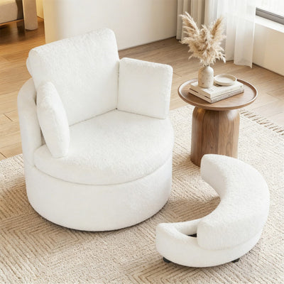 360° Swivel Accent Chair with Half Moon Storage Ottoman-White