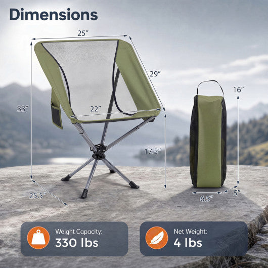 360° Swivel Camping Chair with Cup Holder and Side Pocket for Beach Support 300 LBS-Green
