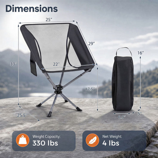 360° Swivel Camping Chair with Cup Holder and Side Pocket for Beach Support 300 LBS-Black