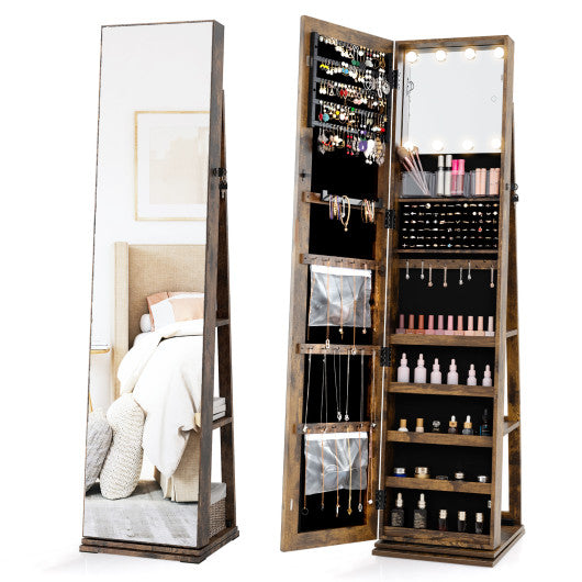 360° Swivel Jewelry Cabinet with Full Length Mirror-Rustic Brown