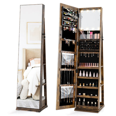 360° Swivel Jewelry Cabinet with Full Length Mirror-Rustic Brown