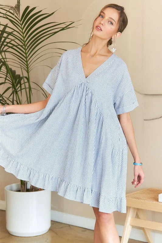 Ruffled Hem Striped V-Neck Babydoll Dress For Summer – Playful, Feminine, Fluttering, Stylish, Effortlessly Chic