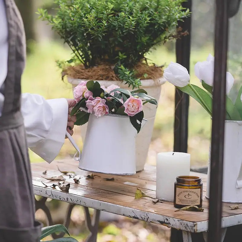 Vintage Style Rustic White Metal Flower Pitcher Vase VagabondVintage