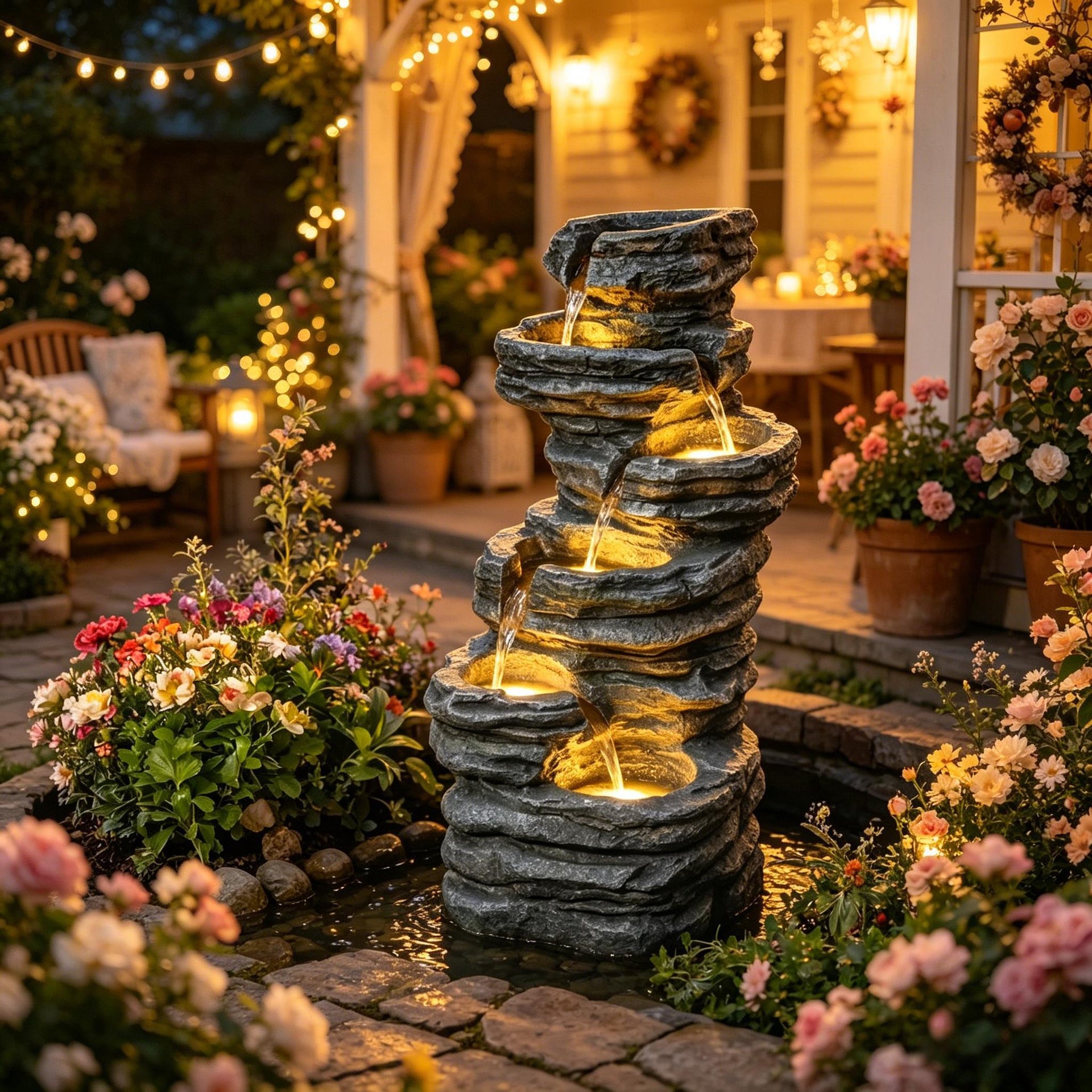 Resin 6 Tier Rock Cascade Outdoor Fountain 40 Inch LED