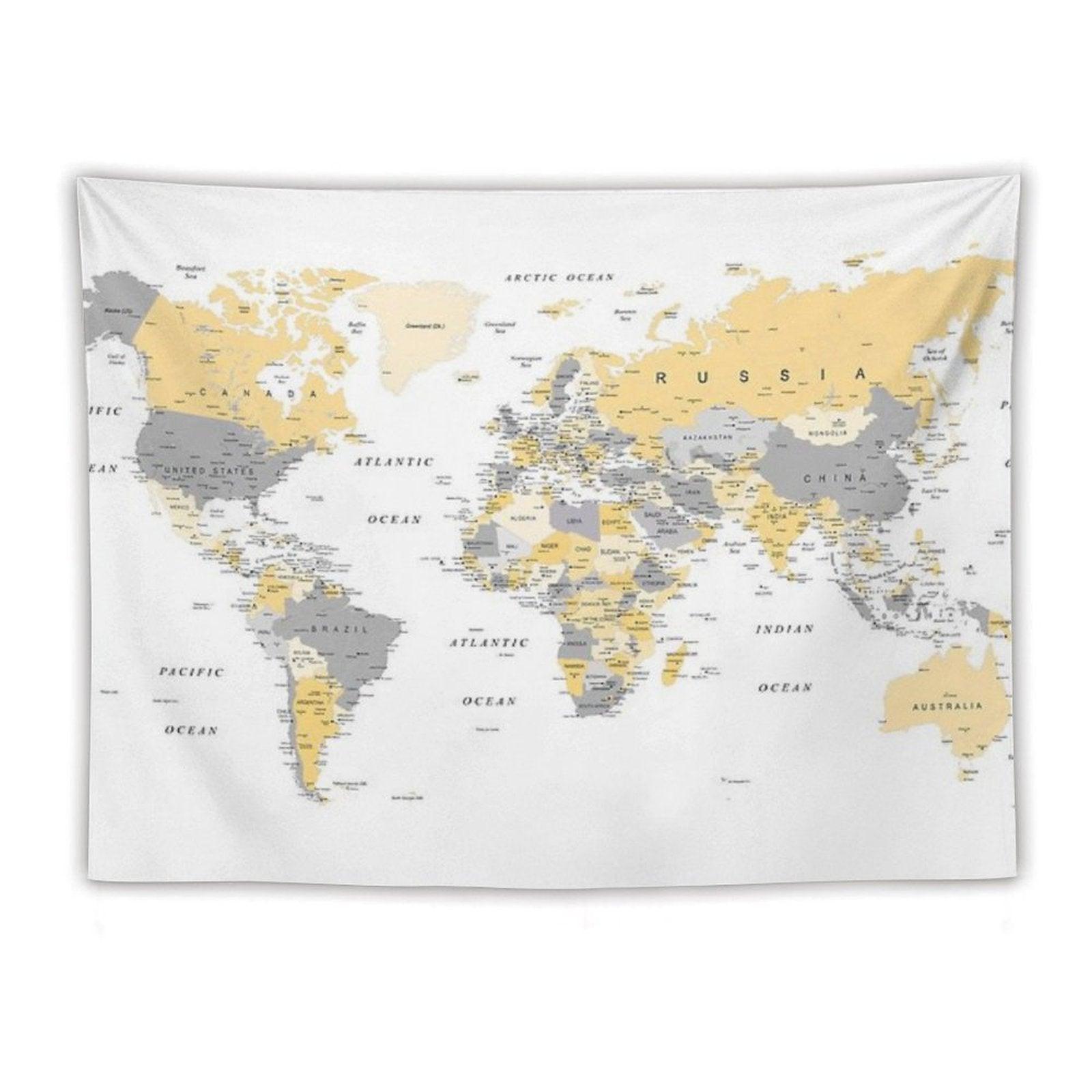 Map of The World Yellow And Grey Tapestry