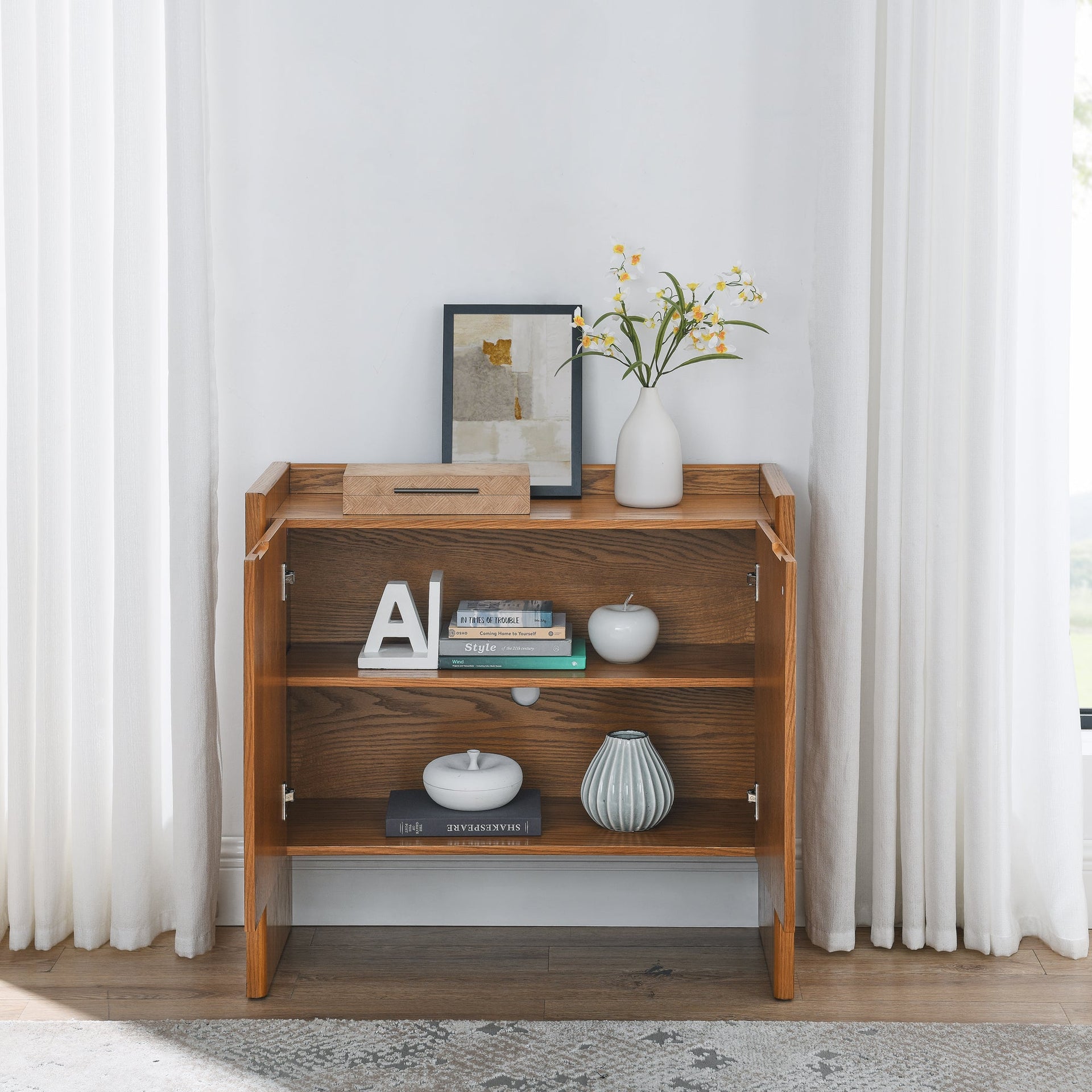 Walnut colored side panels, buffet cabinet with storage, 33.9 inches x 15 inches x 31.5 inches