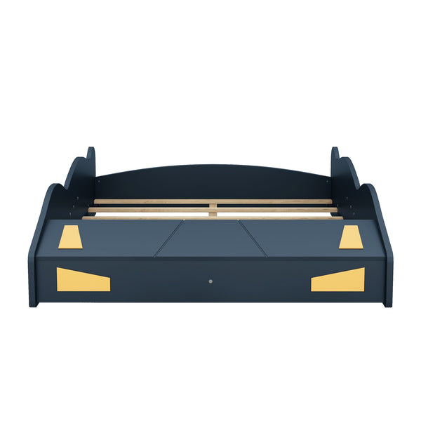 Full Size Race Car-Shaped Platform Bed with Wheels and Storage, Dark Blue+Yellow