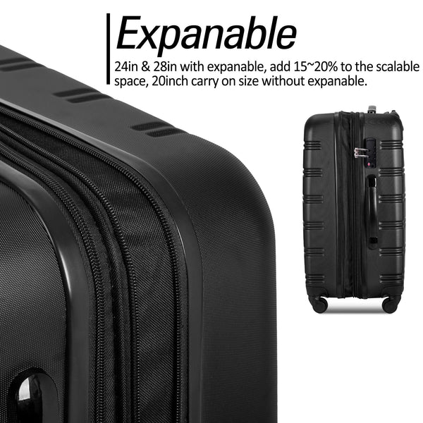 Black 3 Piece Luggage Set Hardside Spinner Suitcase with TSA Lock 20