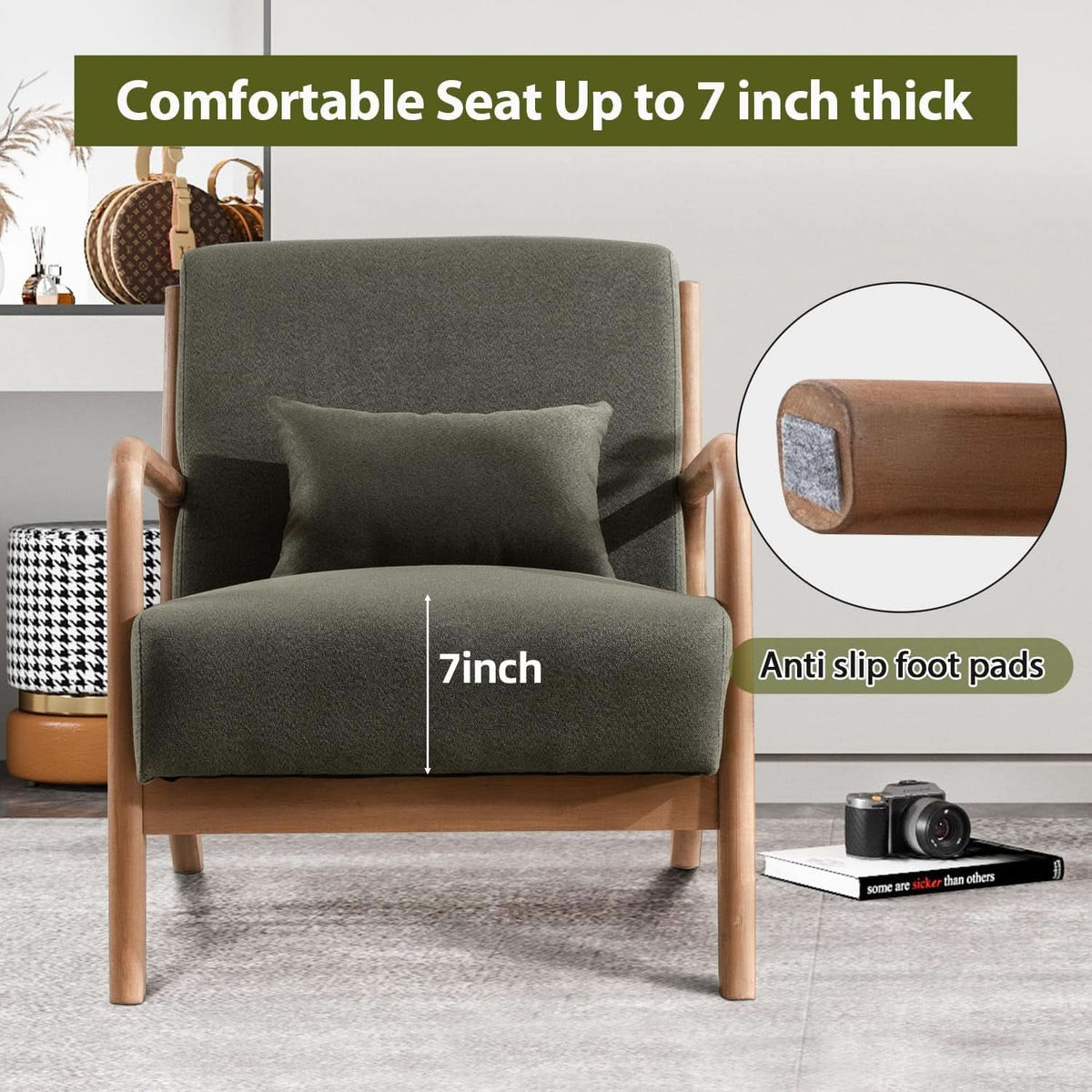 Green Upholstered Mid Century Modern Accent Armchair