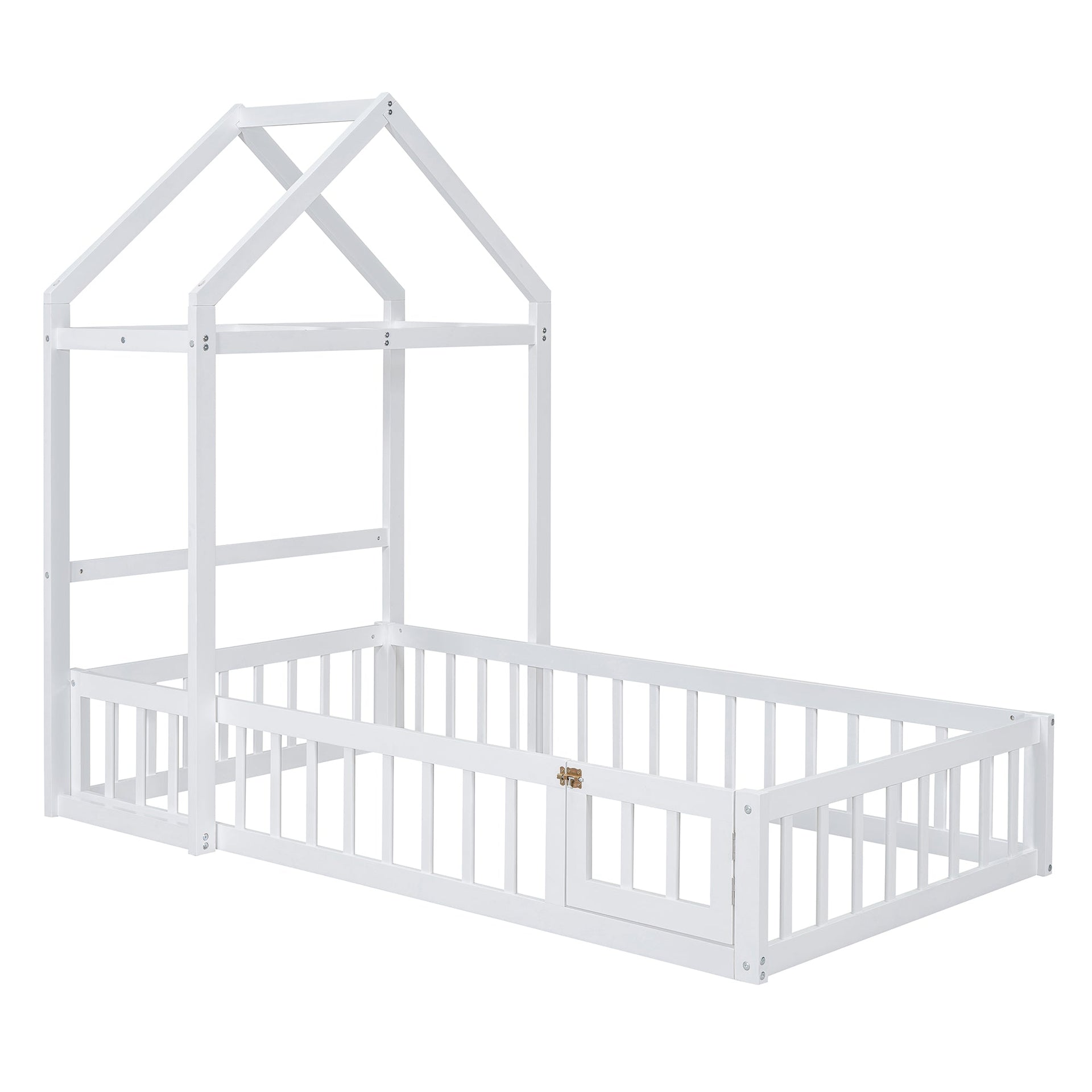 Wooden Twin Size Children's Bed with Detachable Headboard and Integrated Clothes Drying Rack, White