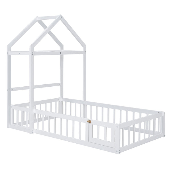 Wooden Twin Size Children's Bed with Detachable Headboard and Integrated Clothes Drying Rack, White