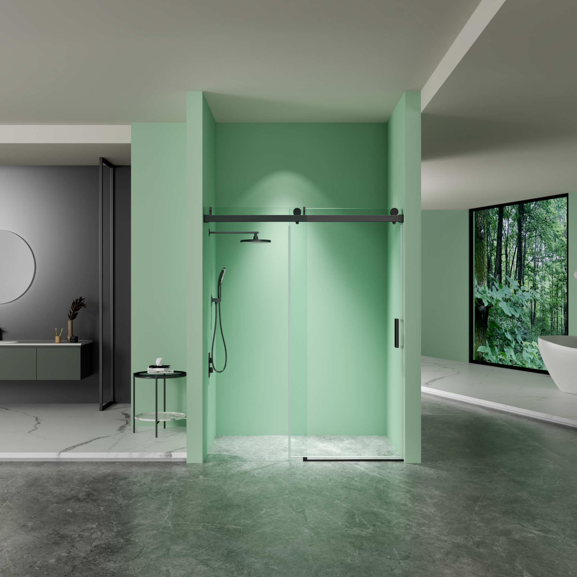 Modern bathroom with green shower enclosure and view of forest outside