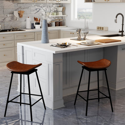 Set of 2 Swivel Barstools Faux Leather Upholstered Backless with Footrest-Brown