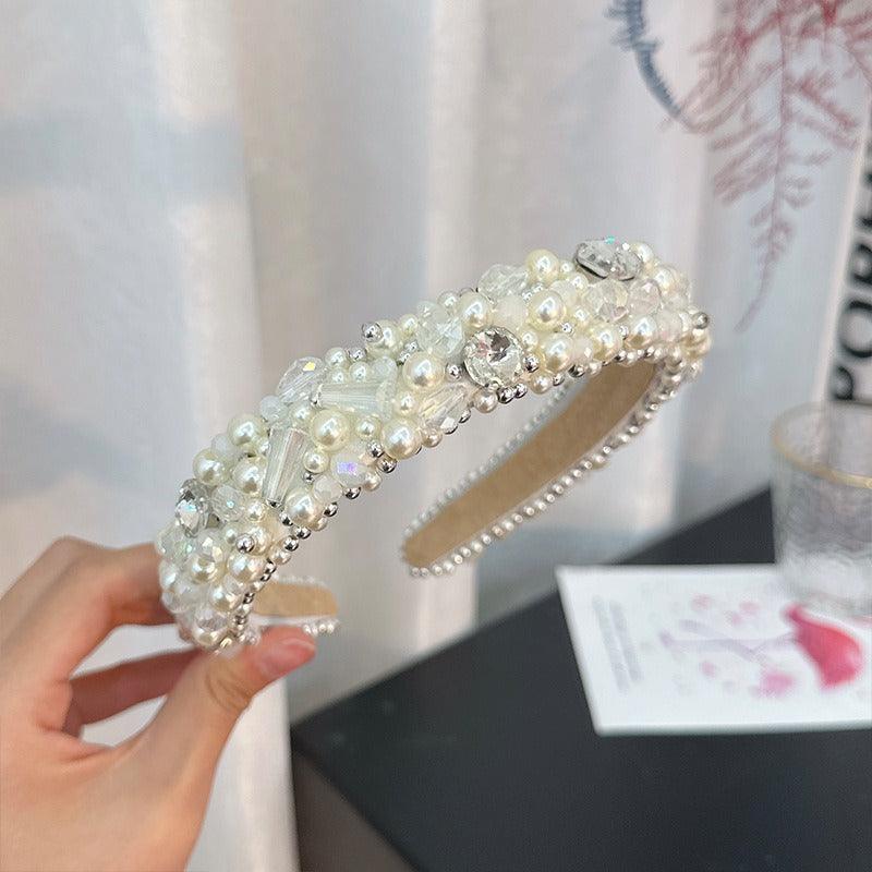 New handmade beaded crystal pearl retro exaggerated internet celebrity hot selling thin edge hair accessories