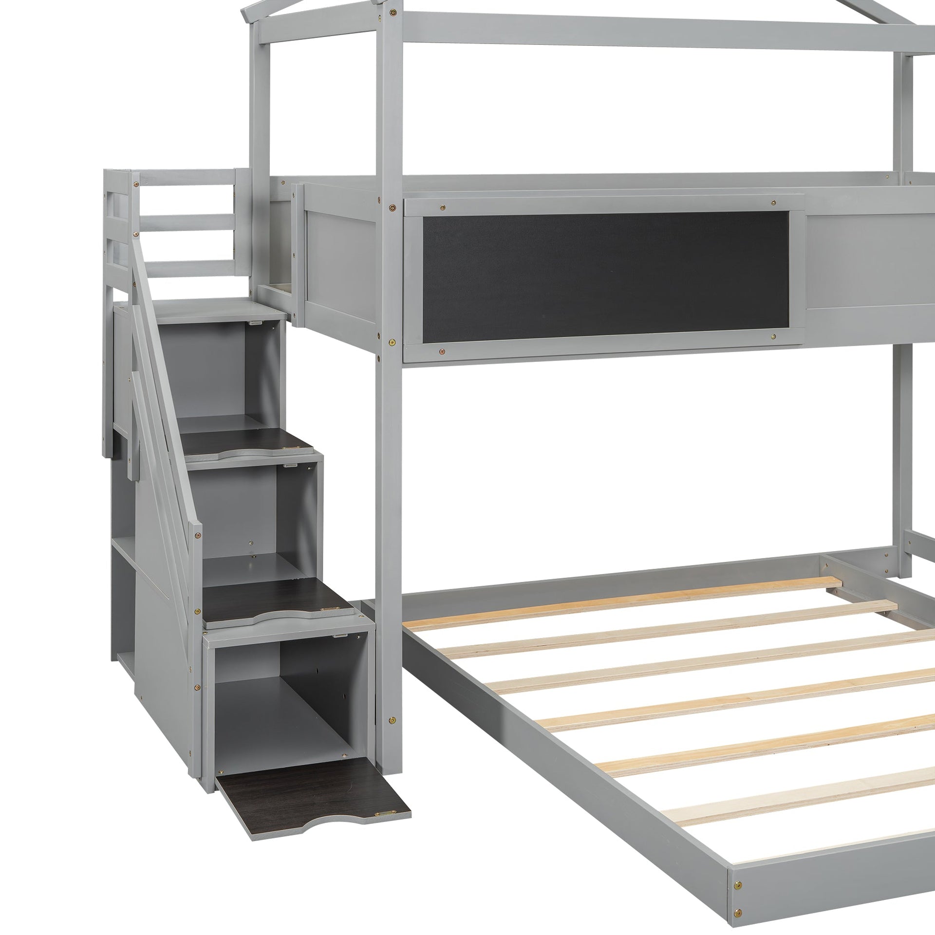 Twin over Full House Bunk Bed with Storage Staircase and Blackboard Gray