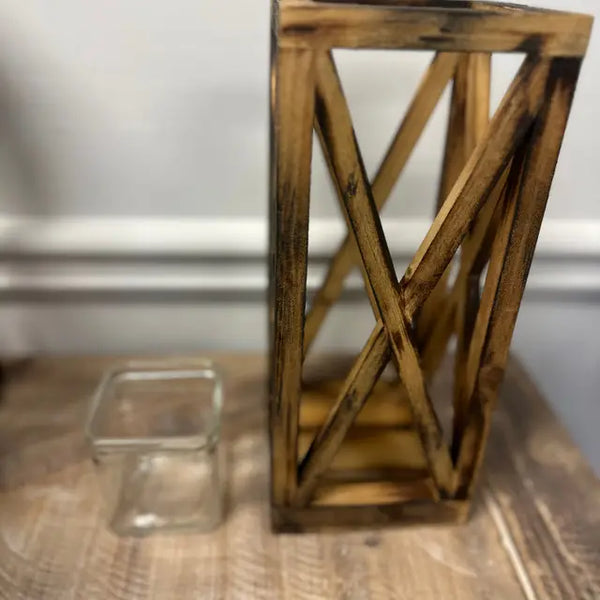 Wooden Lantern With Glass Votive Hold - Set of 2