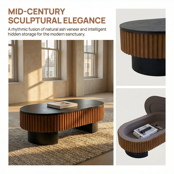 French Inspired Elliptical Living Room Coffee Table with Hidden Storage