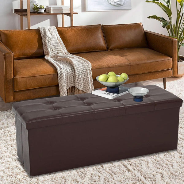 Forty Three Inches Folding Storage Ottoman Bench Brown Leather