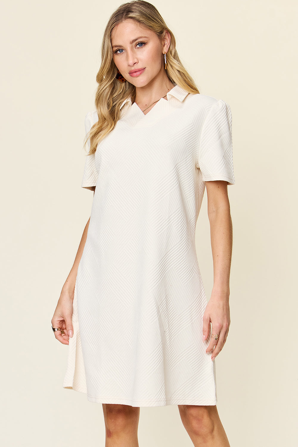 Double Take Full Size Texture Collared Neck Short Sleeve Dress Textured Dress For Women
