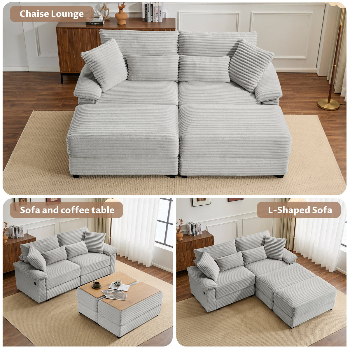 Double Chaise Lounge Set with Reversible Ottoman